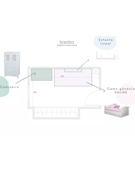 Projecto quarto Gôndola para meninas com cama com gavetas
