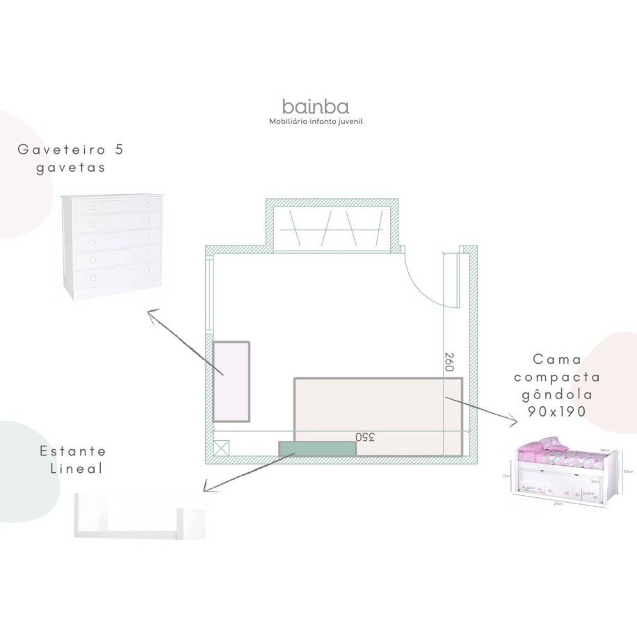Projecto quarto completo Gôndola com cama dupla e gavetões