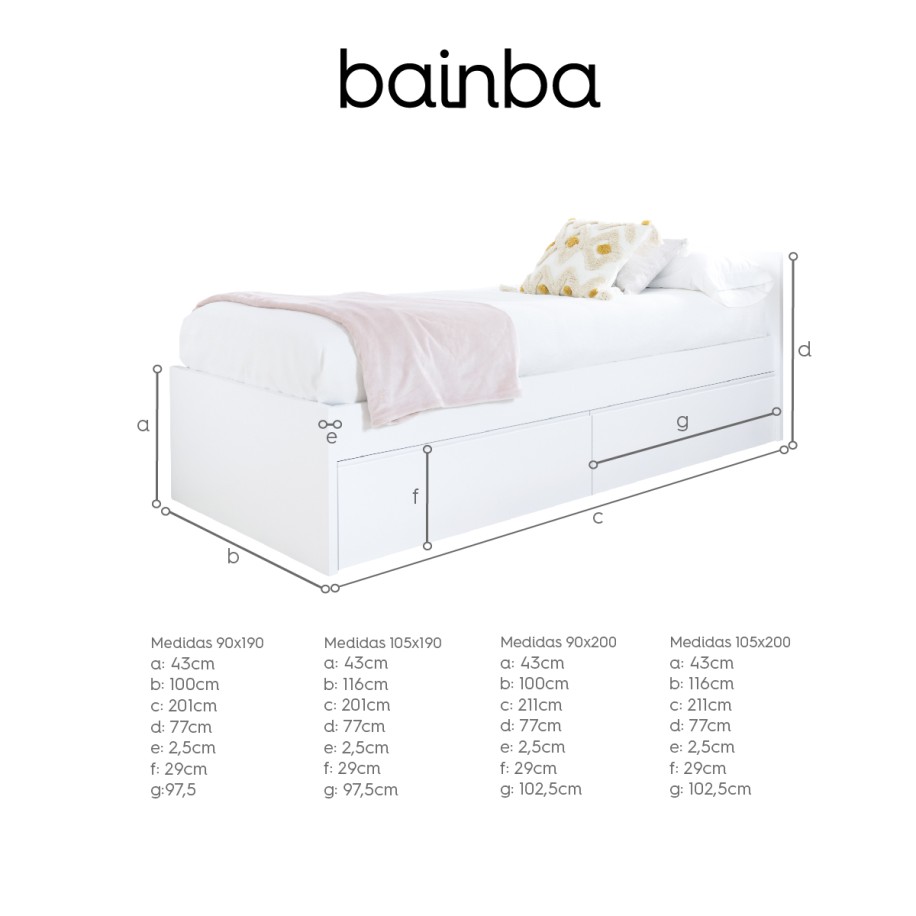 Cama para jovens com gavetas em branco liso - Baixa