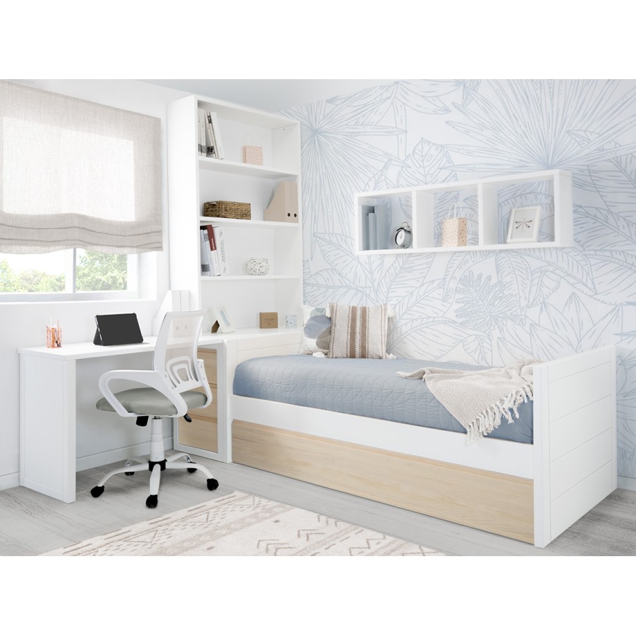 Cama jovem com gavetas em madeira branca e natural - Lineal