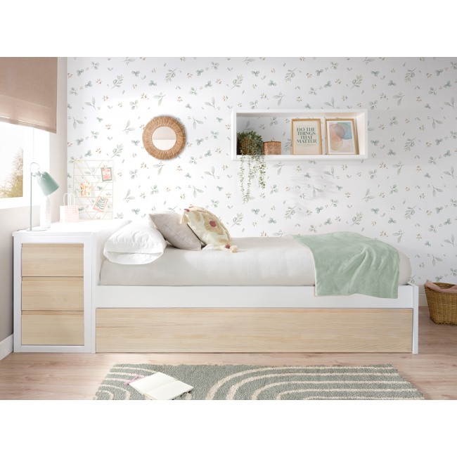 Cama de solteiro jovem de madeira branca e natural - Estrado baixo