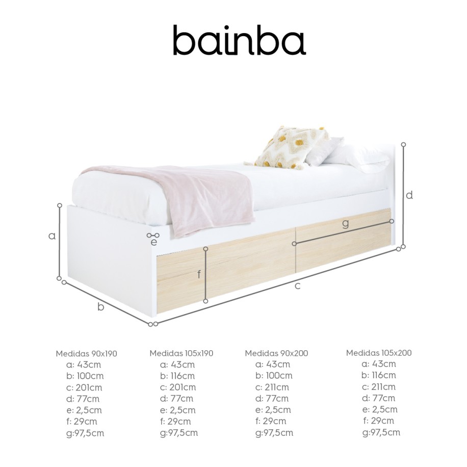 Cama jovem com gavetas em madeira branca e natural - Peseira baixa