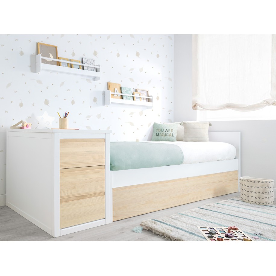 Cama jovem com gavetas em madeira branca e natural - Peseira baixa