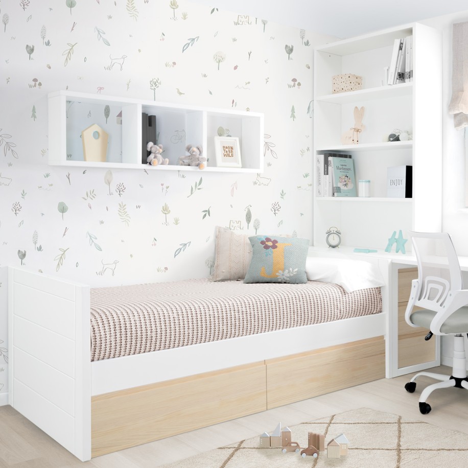 Cama jovem com gavetas em madeira branca e natural - Lineal