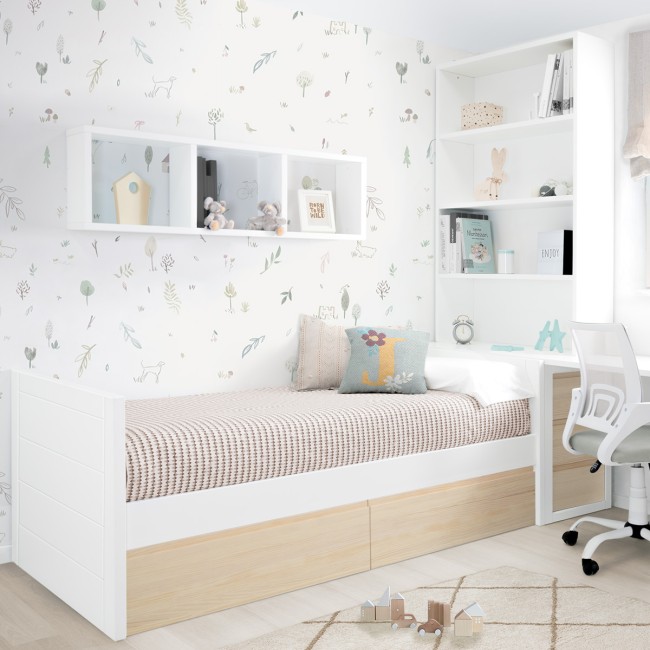 Cama jovem com gavetas em madeira branca e natural - Lineal