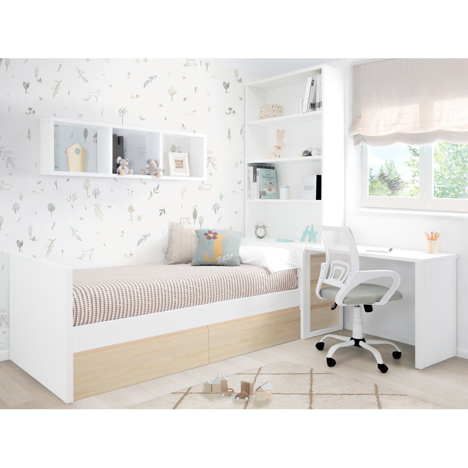 Cama jovem com gavetas em madeira branca e natural - Lineal