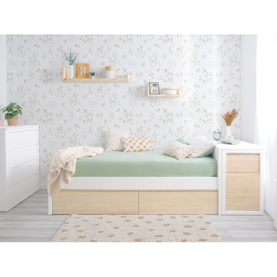Cama juvenil linear com gavetas em madeira natural - Cabeceira baixa