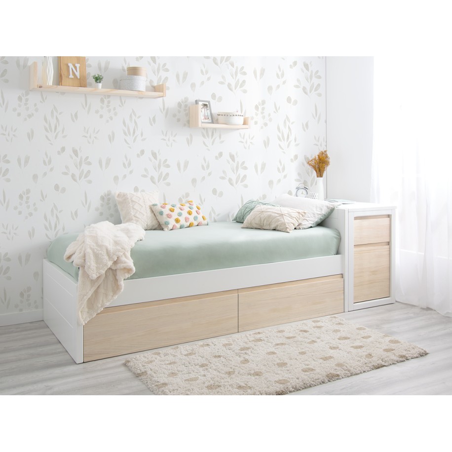 Cama juvenil linear com gavetas em madeira natural - Cabeceira baixa