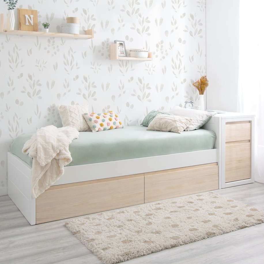 Cama juvenil linear com gavetas em madeira natural - Cabeceira baixa