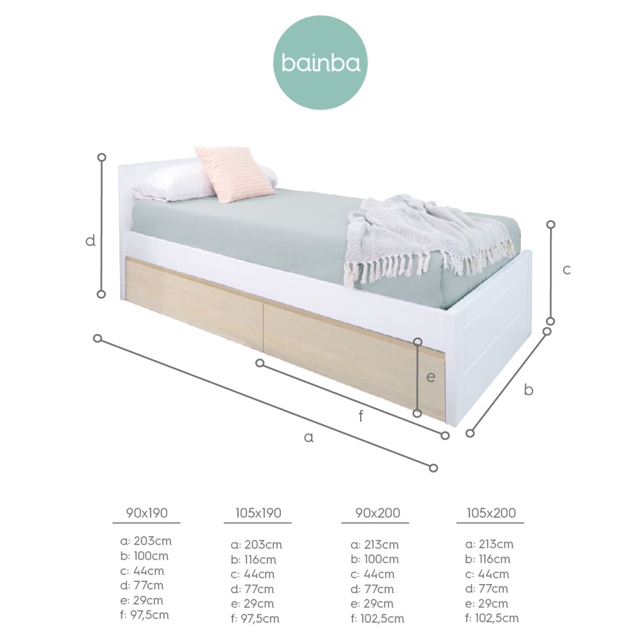 Cama juvenil linear com gavetas em madeira natural - Cabeceira baixa