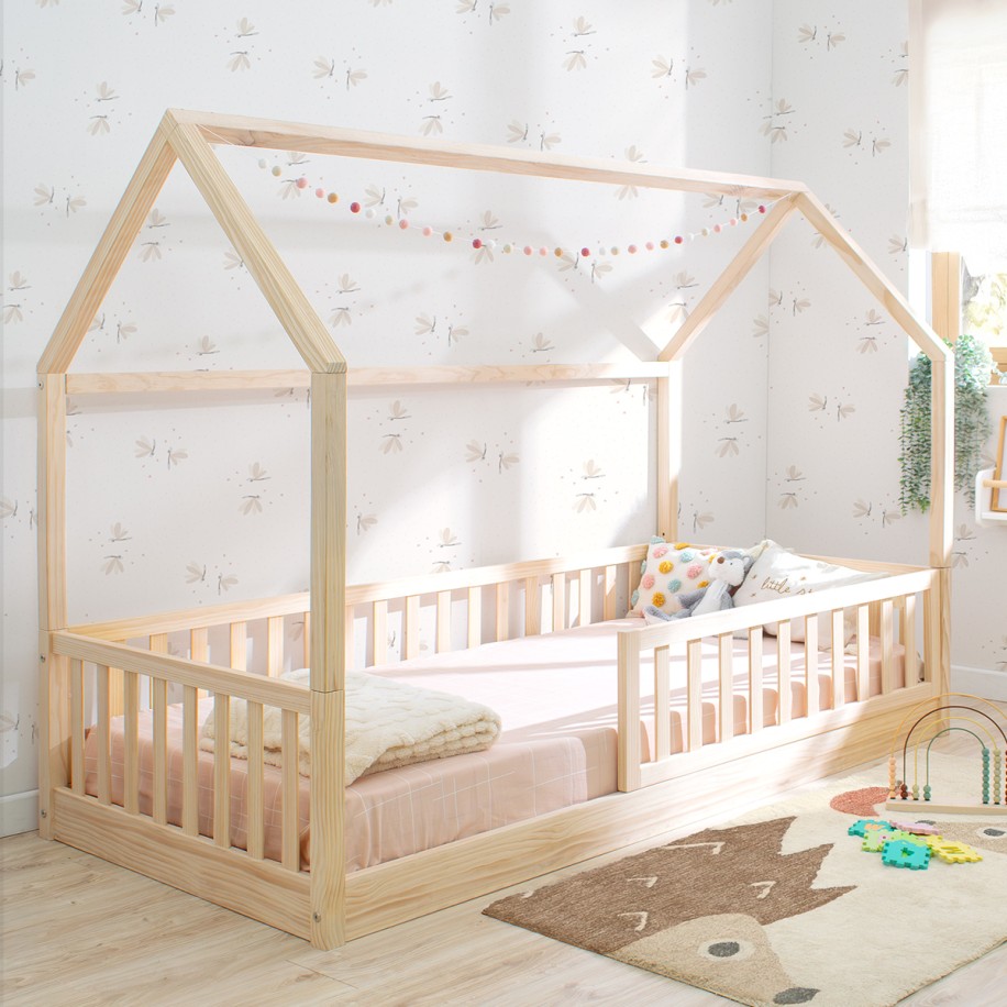 Cama casinha Montessori madeira com barreira de proteção