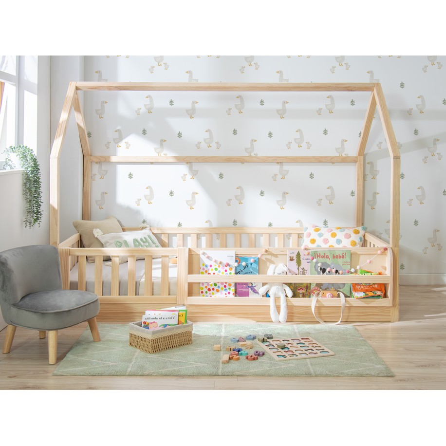 Cama Montessori casinha com estante - madeira