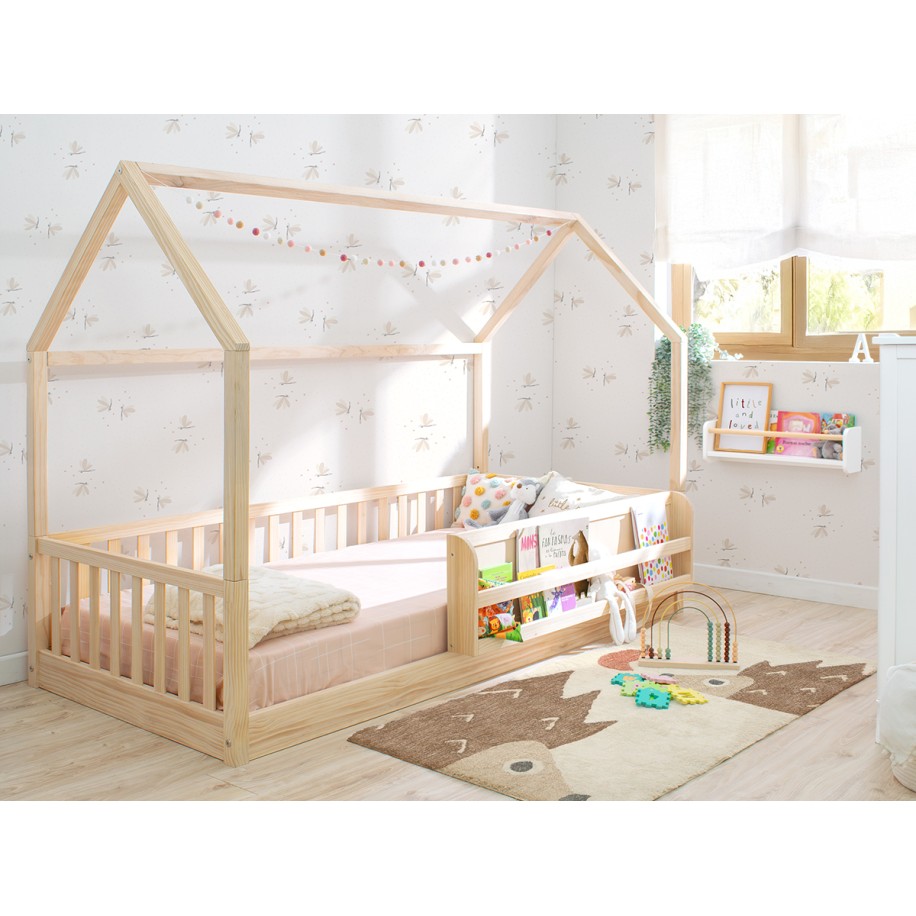 Cama Montessori casinha com estante - madeira