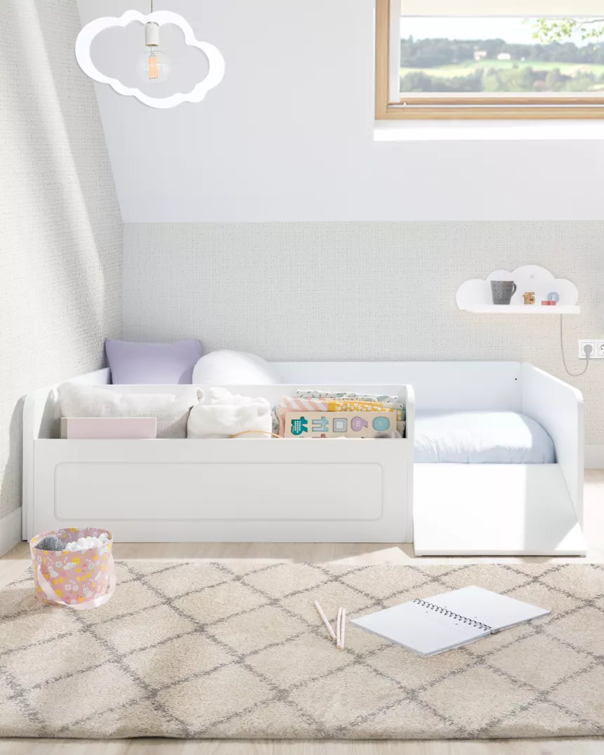 Cama Montessori Branca  com Rampa e Baú