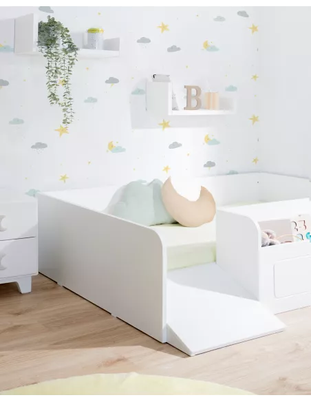 Cama Montessori Branca  com Rampa e Baú