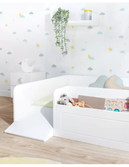 Cama Montessori Branca  com Rampa e Baú