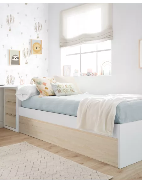 Cama dupla de madeira branca e natural | Cabeceiras altas