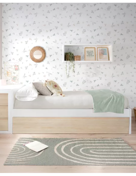 Cama dupla de madeira branca e natural - Estrado baixo