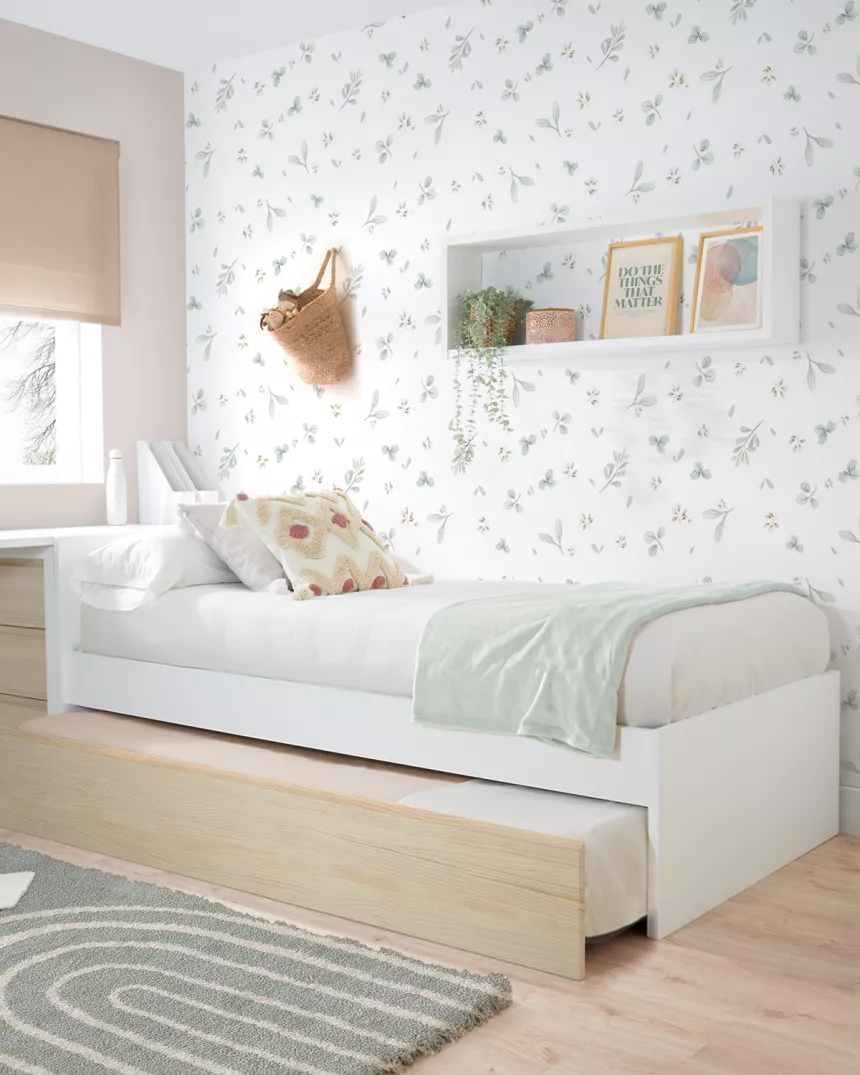 Cama dupla de madeira branca e natural | Cabeceiras altas