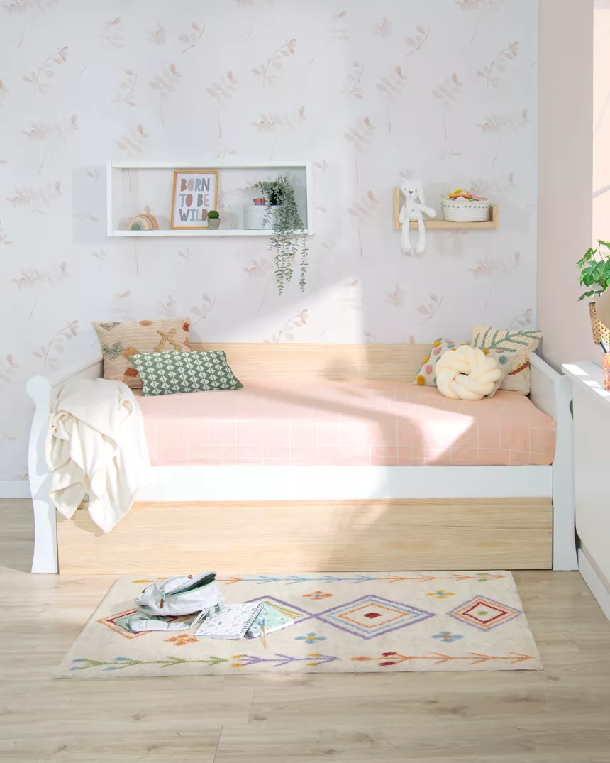 Cama dupla gôndola em madeira branca e natural