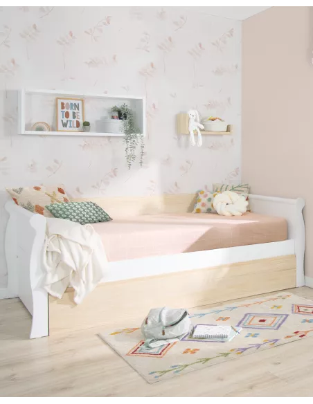 Cama de rodízio tipo gôndola em madeira branca e natural