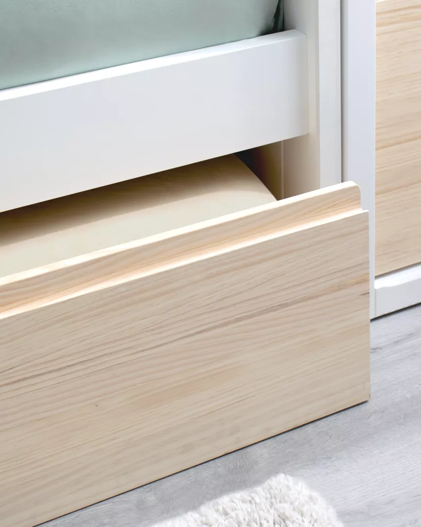 Cama lineal com cama inferior dobrável madeira e branco