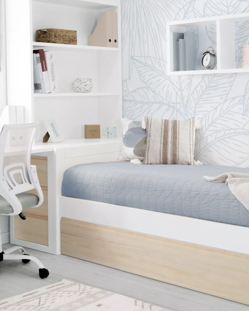 Cama dupla lineal madeira e branco