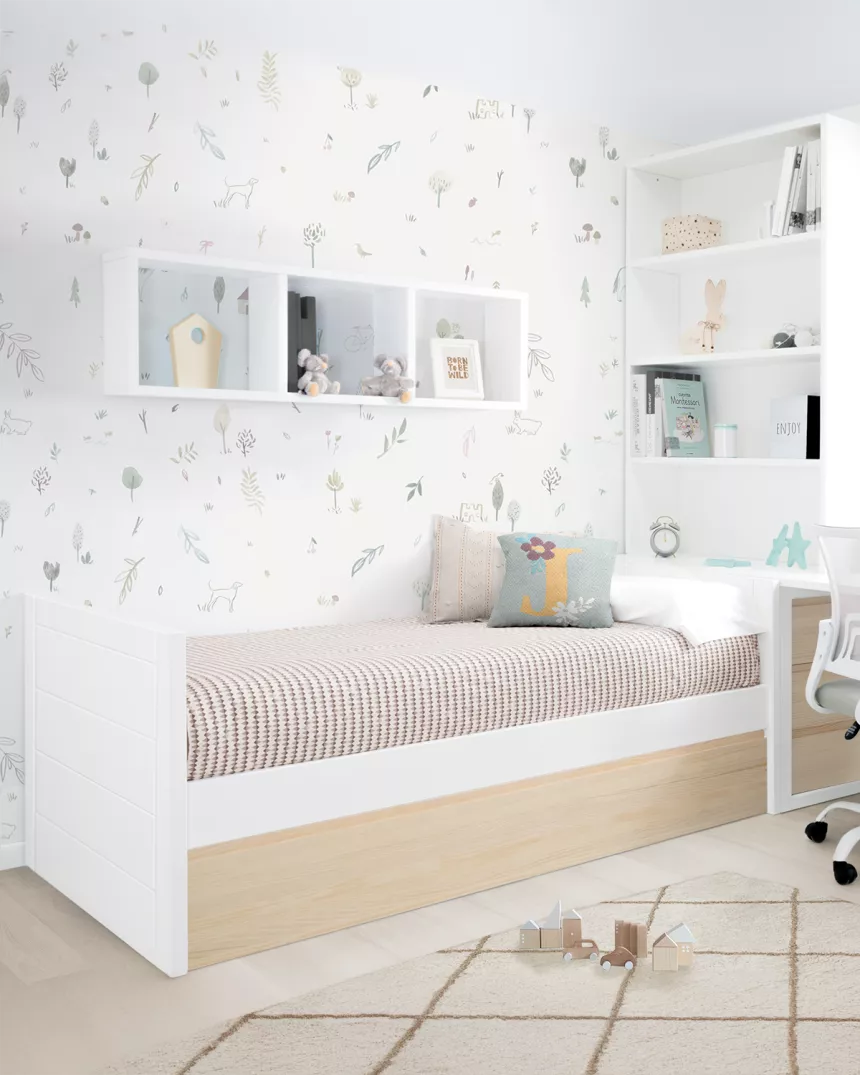 Cama dupla lineal madeira e branco