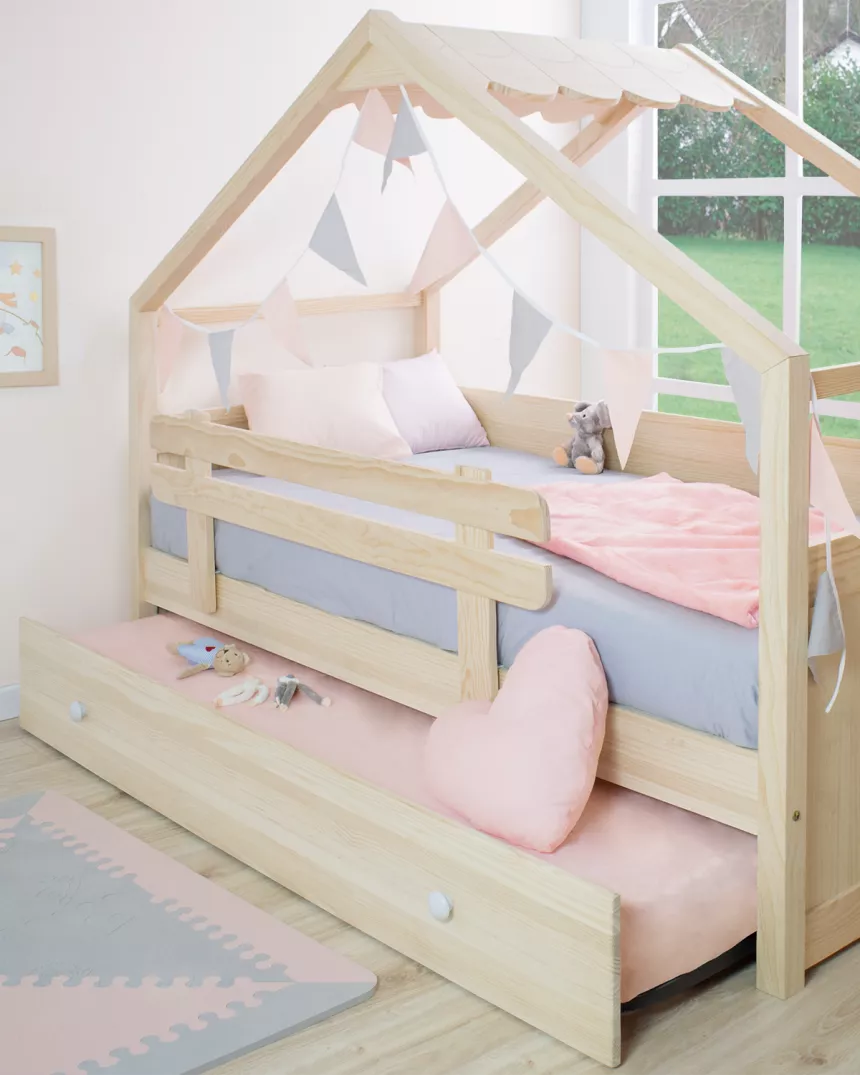 Cama dupla infantil casinha com telhado madeira natural - Entrega gratuita. 2