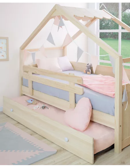 Cama dupla infantil casinha com telhado madeira natural - Entrega gratuita.