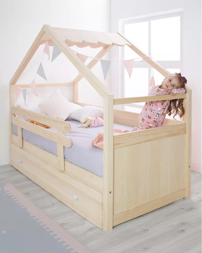 Cama dupla infantil casinha com telhado madeira natural - Entrega gratuita.