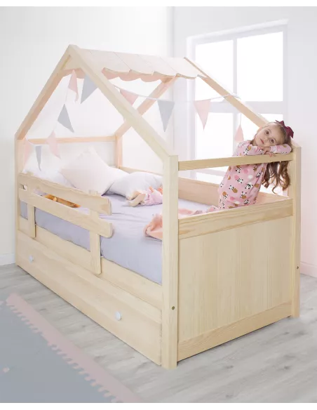 Cama dupla infantil casinha com telhado madeira natural - Entrega gratuita.