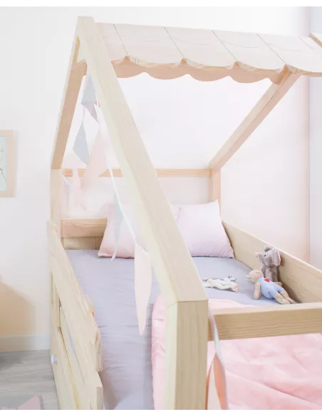 Cama dupla infantil casinha com telhado madeira natural - Entrega gratuita.