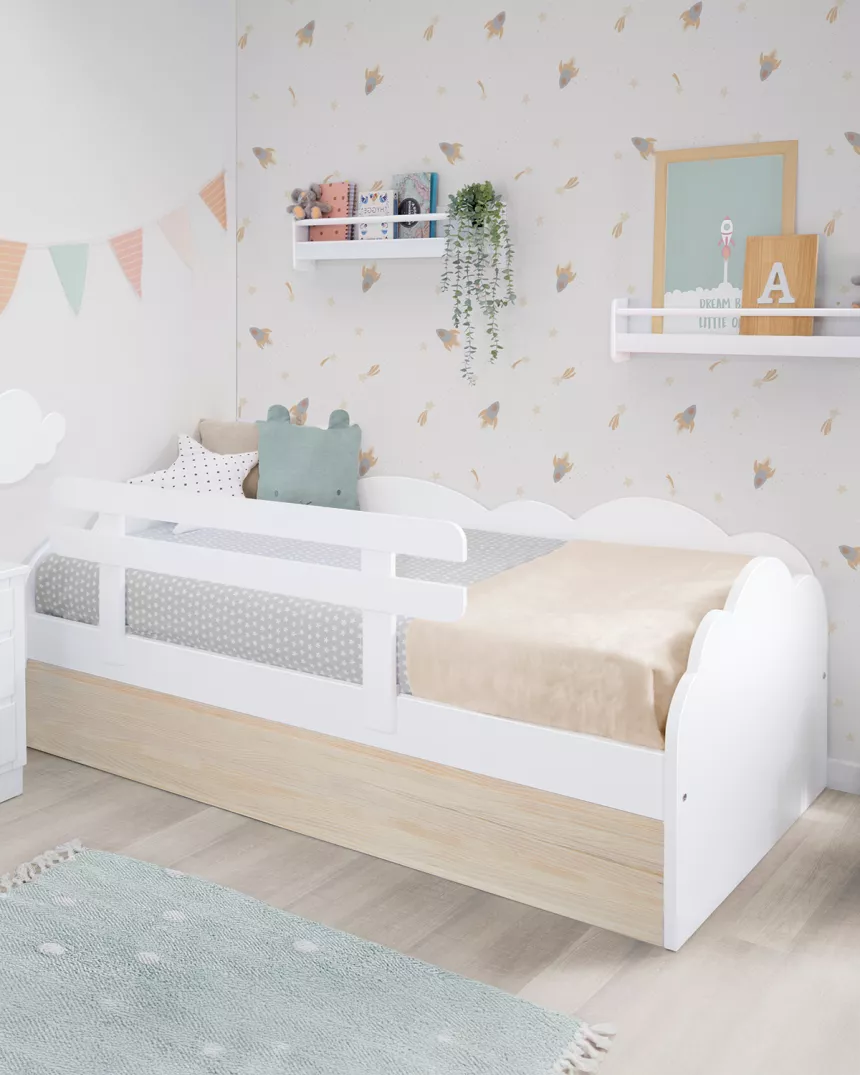 Cama dupla nuvem branca e madeira natural - entrega rápida