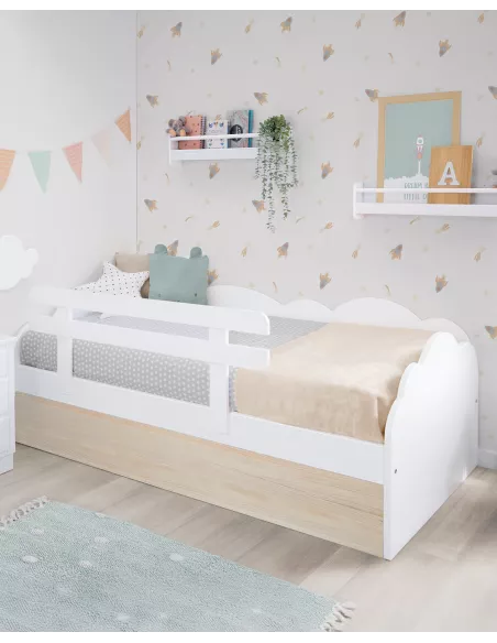 Cama dupla nuvem branca e madeira natural - entrega rápida