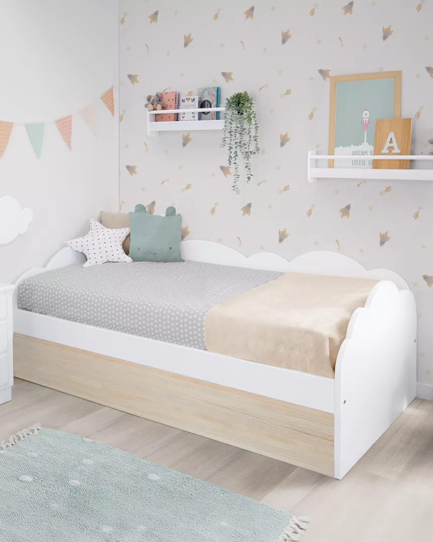 Cama dupla nuvem branca e madeira natural - entrega rápida 2