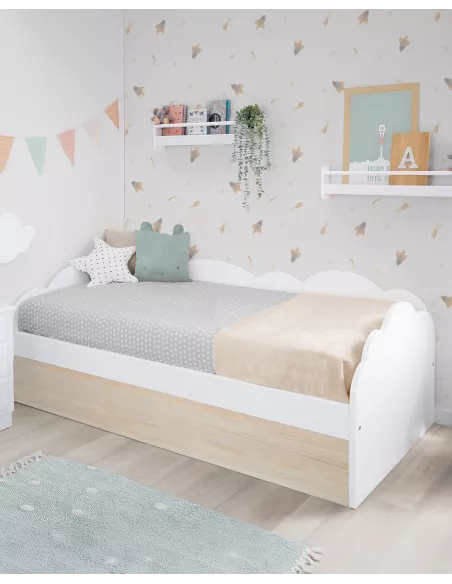 Cama dupla nuvem branca e madeira natural - entrega rápida