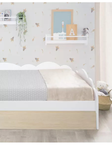 Cama dupla nuvem branca e madeira natural - entrega rápida