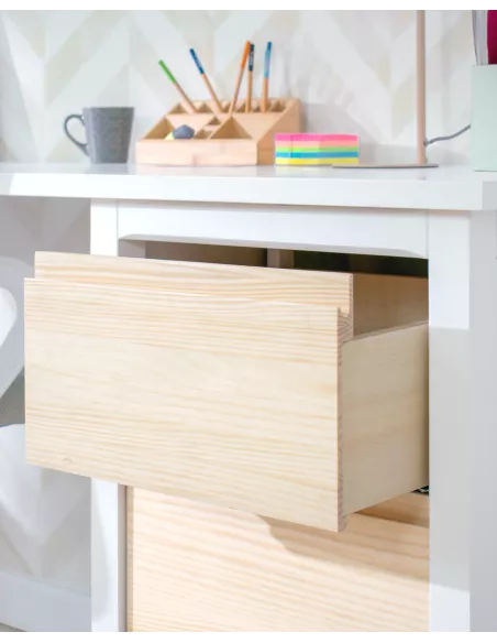 Secretária jovem com gavetas e laterais abertas. Lineal