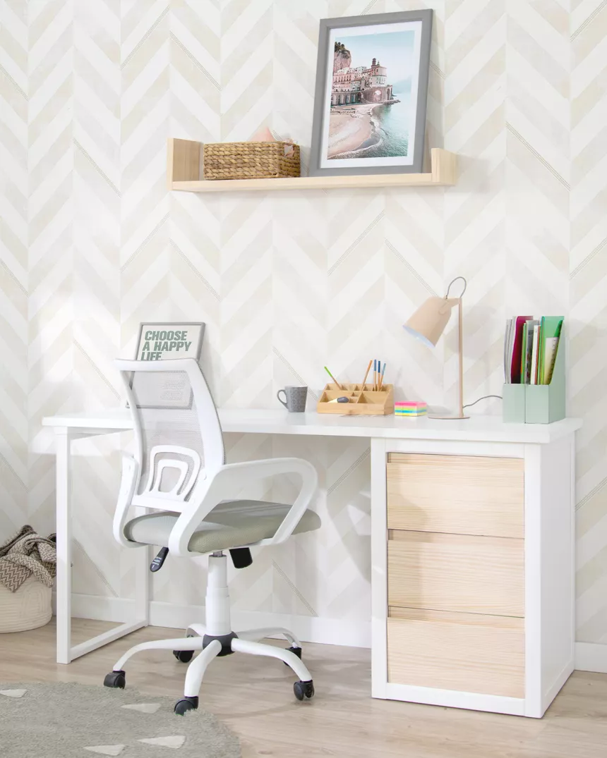 Secretária jovem com gavetas e laterais abertas. Lineal