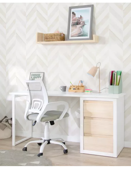 Secretária jovem com gavetas e laterais abertas. Lineal