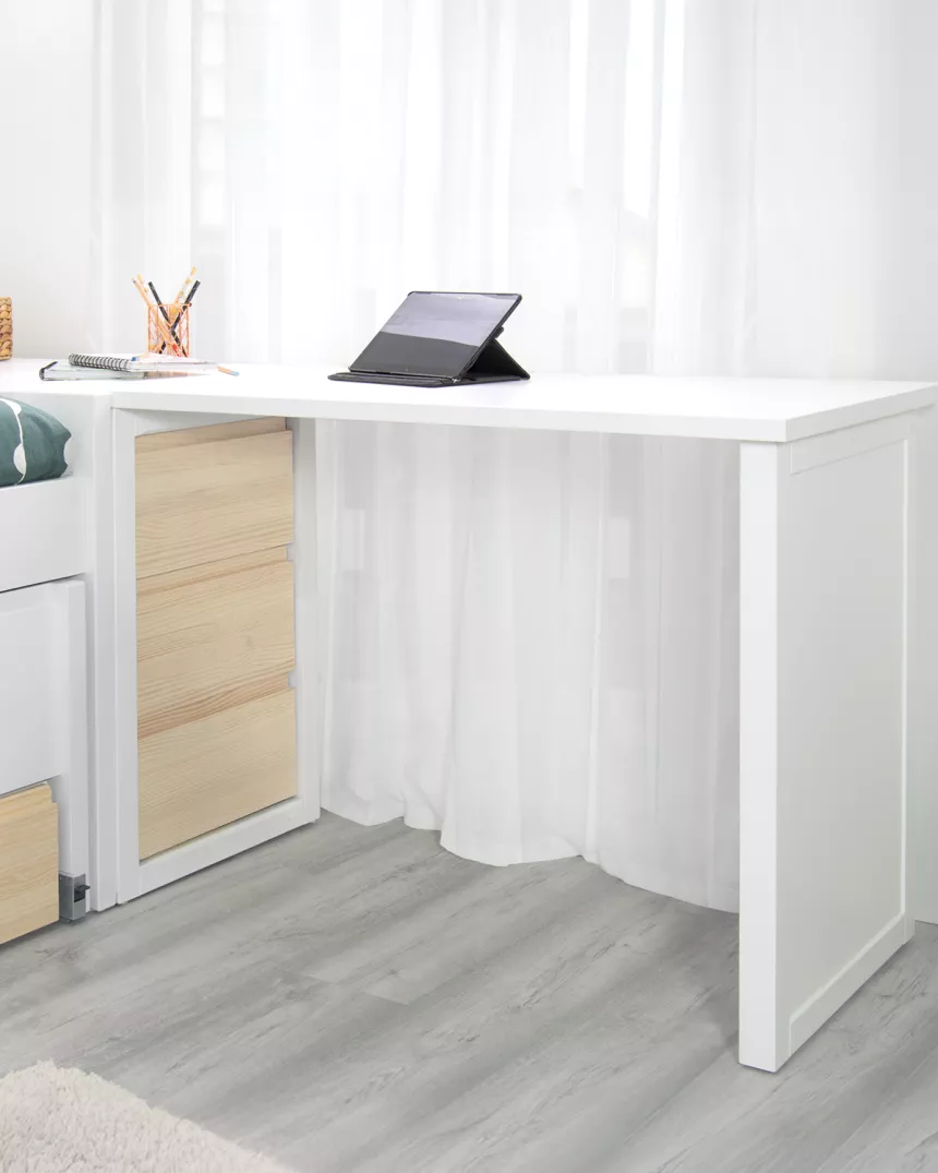 Secretária jovem com baú em madeira natural | Móveis juvenis