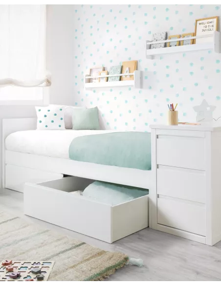 Cama para jovens com gavetas em branco liso - Baixa