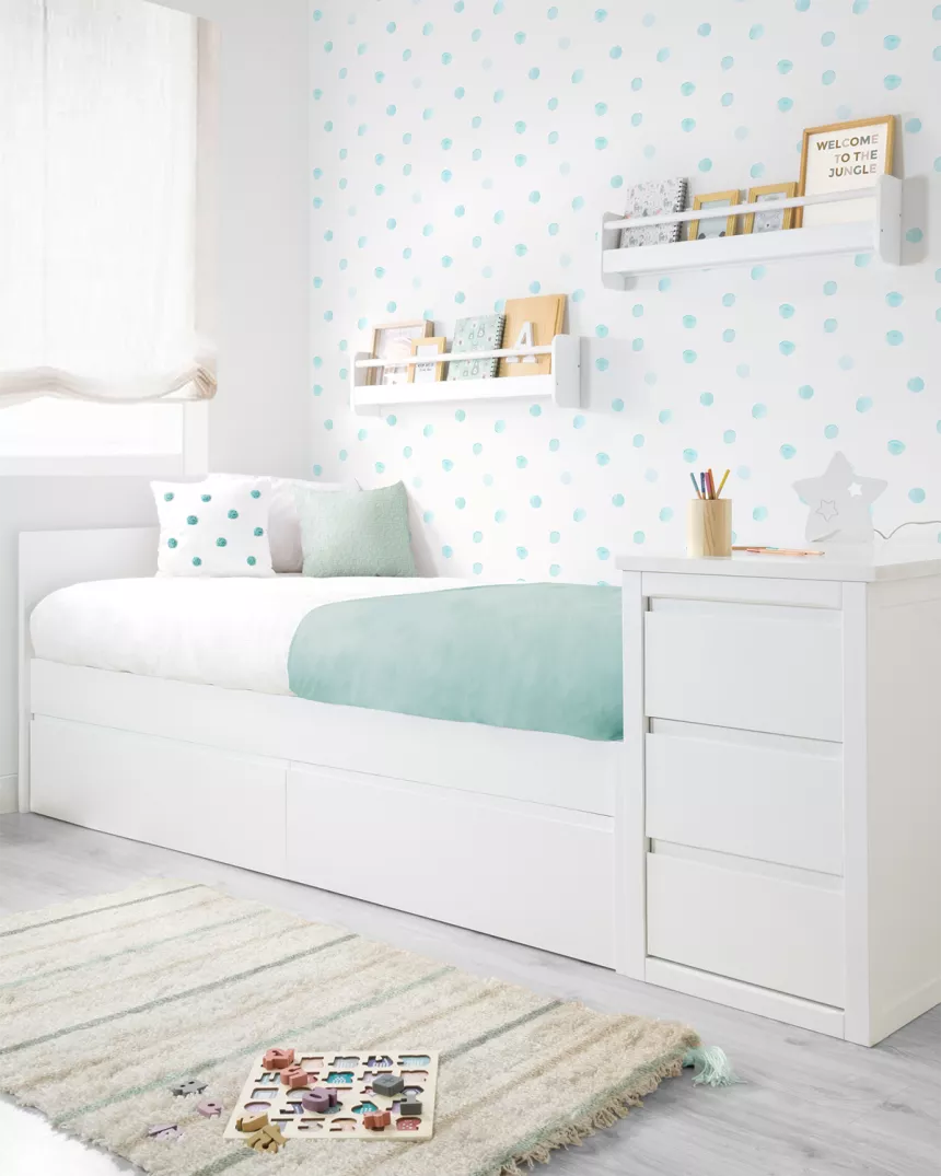 Cama para jovens com gavetas em branco liso - Baixa