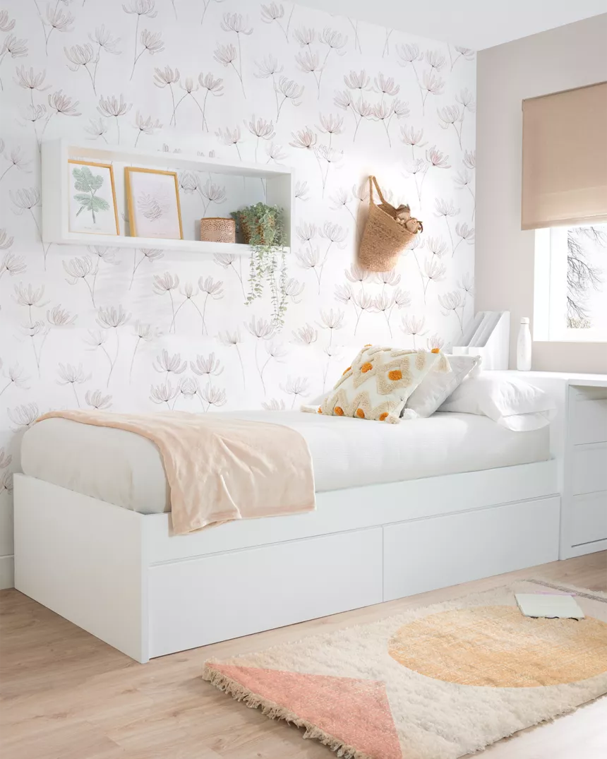 Cama para jovens com gavetas em branco liso - Baixa