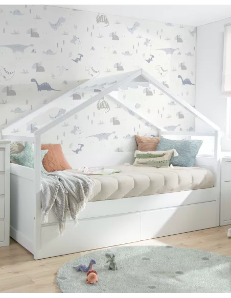 Cama com gavetas Casinha branca com telhado - Entrega gratuita