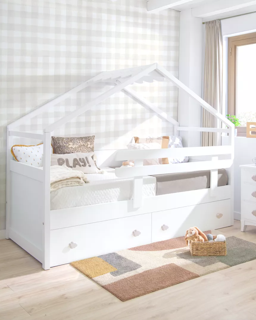 Cama com gavetas Casinha branca com telhado - Entrega gratuita