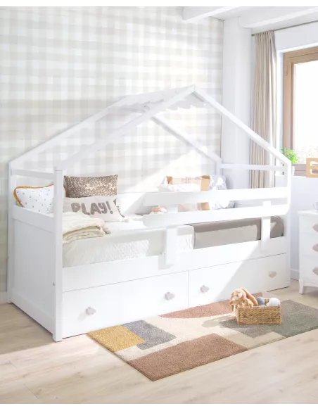 Cama com gavetas Casinha branca com telhado - Entrega gratuita