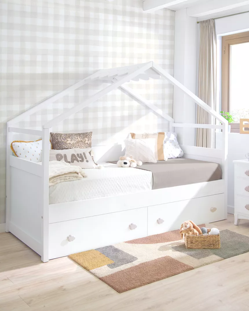 Cama com gavetas Casinha branca com telhado - Entrega gratuita