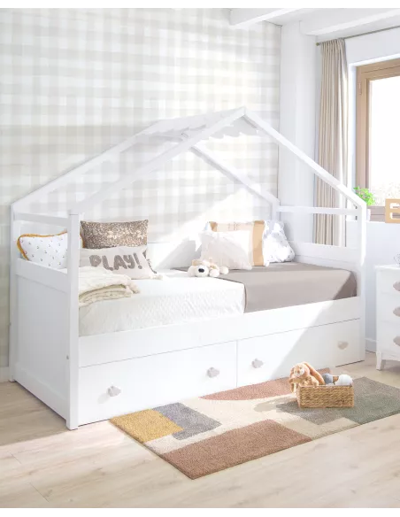 Cama com gavetas Casinha branca com telhado - Entrega gratuita